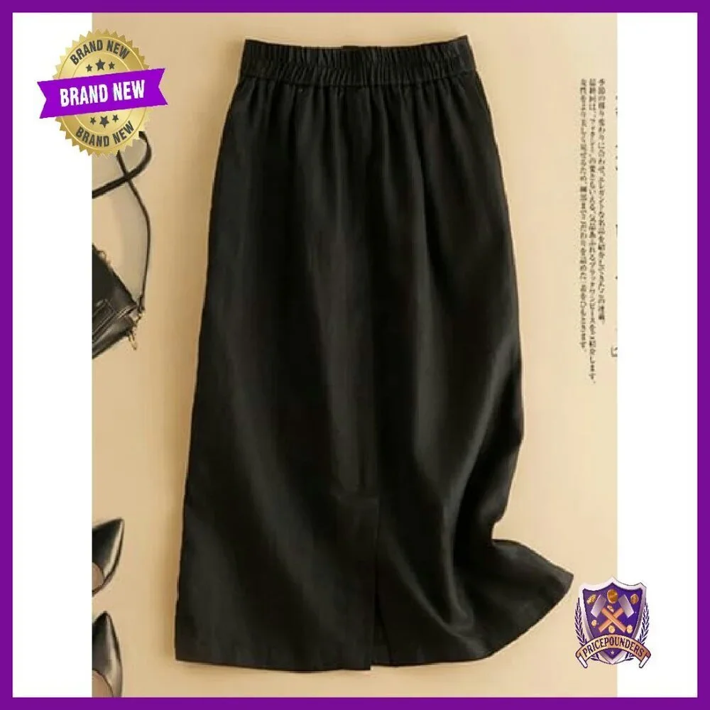 Cotton Linen Midi Skirt with Pockets, Elastic Waist, Back Slit